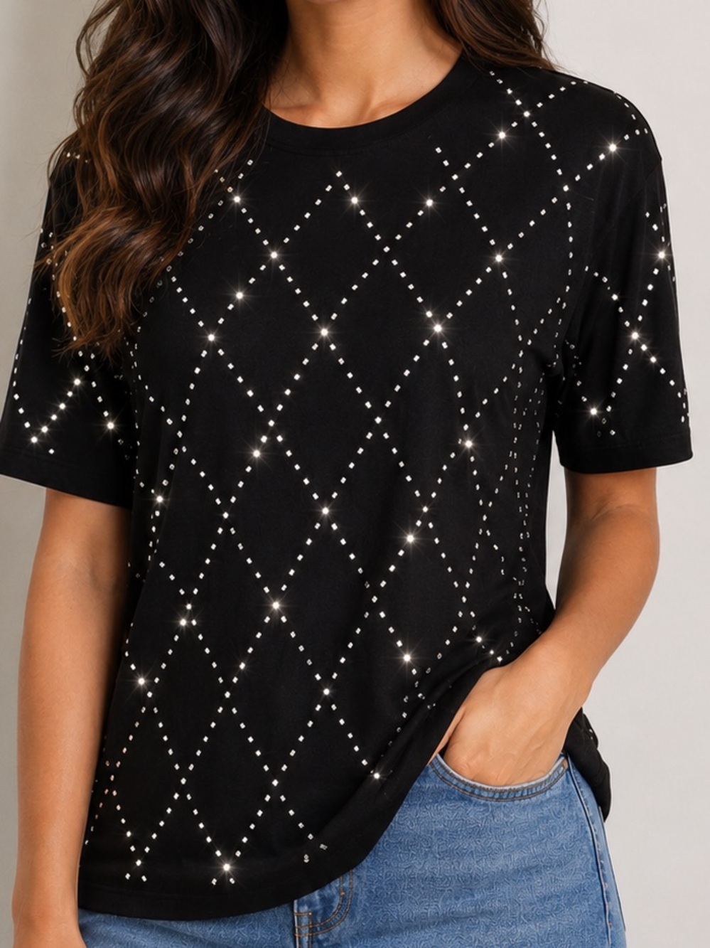 Black Rhinestone Diamond-Pattern Tee - Picture 2 of 5